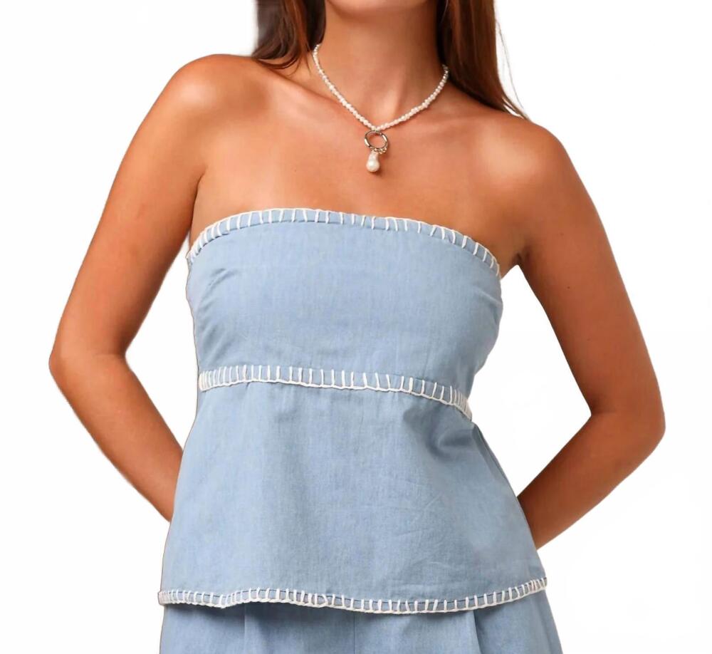 NEW SHORE olivia strapless top in bleached denim